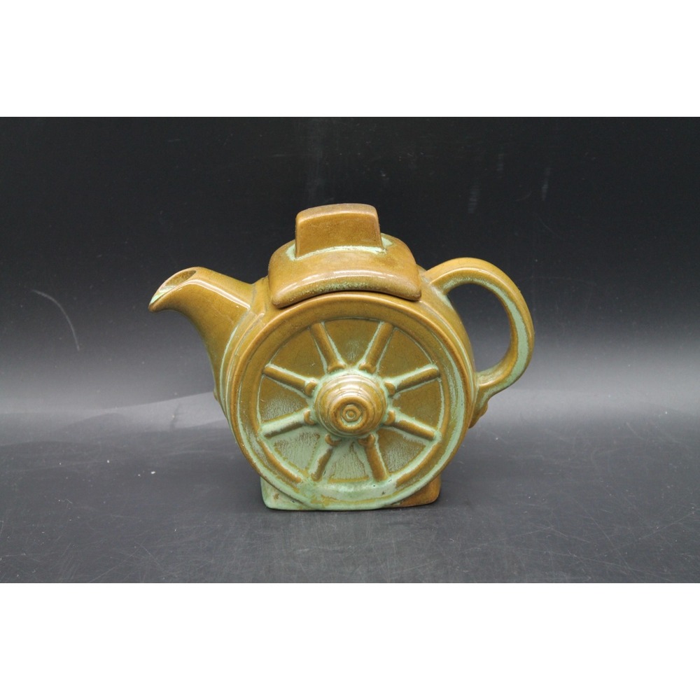 Frankoma Pottery 94J Wagon Wheel Teapot Brown Green Glaze Oklahoma Stoneware